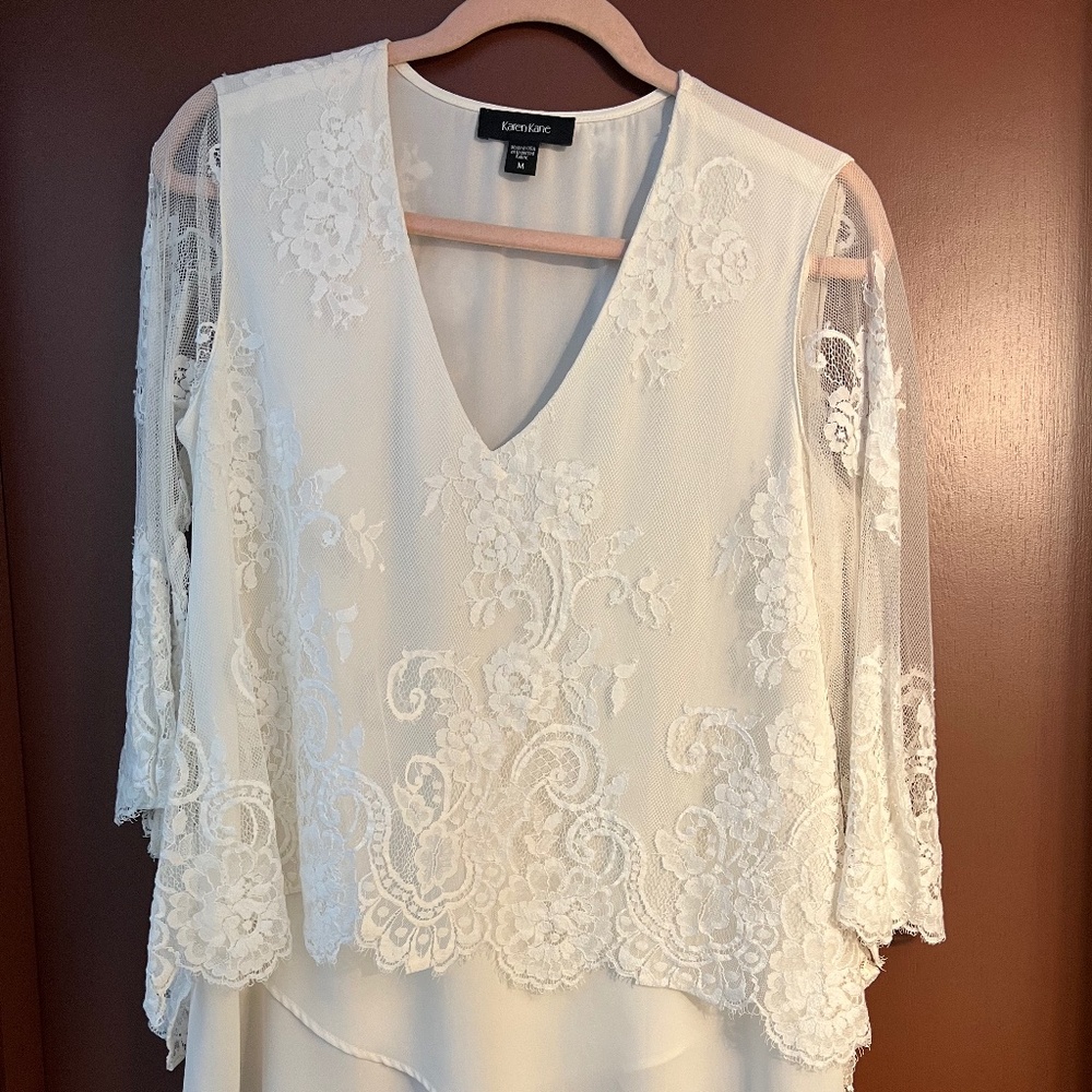 Karen Kane white lace blouse